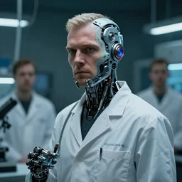 a laboratory operator man with cybernetic implants, scifi character portrait by greg rutkowski, craig mullins, cinematic lighting, dystopian scifi gear