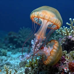 underwater photograph of a mutant jellyfish eating a human head, shallow waters, strange, hyper detailed, tendrils, tentacles, tropical reef