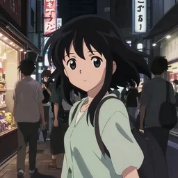 anime visual, portrait of a young female sightseeing in akihabara at night shopping, low light, cute face by ilya kuvshinov, yoh yoshinari, makoto shinkai, dynamic pose, dynamic perspective, cel shaded, flat shading mucha, rounded eyes, moody, detailed facial features, psycho pass