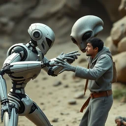 a robot fighting a grey alien with big eyes to protect a human. the robot, alien, and human are on scene.
