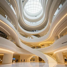 photo - real, ultra modern, extremely beautiful saha hadid building, hypermaximalistic, high level design details, beautiful paneling, cinematic masterpiece, 8 k resolution, beautiful detailed, insanely intricate details, artstation trending, octane render, unreal engine, bright it interiors, warm yellow lights