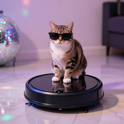 cat wearing sunglasses, cat sitting on top of roomba, reflective marble floor, disco party lights