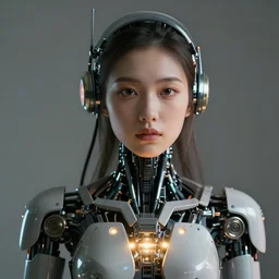 beautiful Fine art photography portrait of a solarpunk half robot half human girl with real human face, led lights over lower chest, highly detailed, photorealism, cinematic lighting 8k