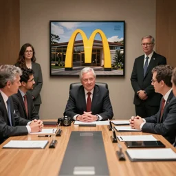 Ronald McDonald sat at the desk of a corporate board meeting, surrounded by men in suits, award winning photograph, nikon, 24mm focal length, f/8, fuji velvia, business photography