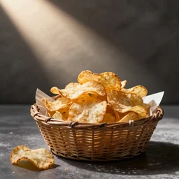 potatos crisps and chips in a basket, romantic modern art