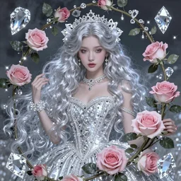 Alice in Wonderland,a portrait of a beautiful Silver hair girl,Diamonds Blaze,Rose twining,luxuriant,dreamy, eternity, romantic,highly detailed,in the style of Franz Xaver Winterhalter, highly detailed,in the style of Aetherpunk