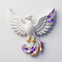 white phoenix purple gold colour salt crystals sharp detail 3d render simple background graphic ultra simplified deco design fai khadra gaika style