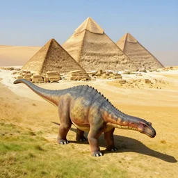 giant stegosaurus in front of the pyramids in egyptian landscape, grasslands, from above, high quality digital art, concept art, trending on artstation, award winning, fantasy matte painting