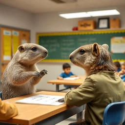 a photo of a capybare teaching math to other capybaras in a classroom