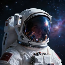 photorealistic scene of one cyberpunk astronaut helmet with light reflection looking at space with cosmos background, 8k, cinematic, epic