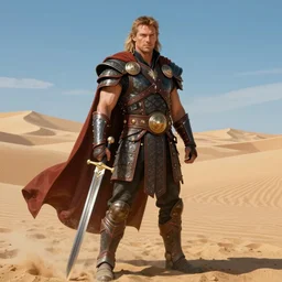 dolph lundgren posing in a a desert with conan armor and a sword, beautiful eyes, realistic face, full body, fantasy art, in the style of greg rutkowski, illustration, epic, fantasy, intricate, hyper detailed, artstation, concept art, smooth, sharp focus, ray tracing, vibrant