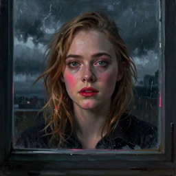 Elle Fanning’s face against the window in the world of Adam Wyeth, head and shoulders portrait, stormy weather, extremely detailed masterpiece, oil on canvas, low-key neon lighting, artstation, Blade Runner 2049, Roger Deakin’s cinematography, by J. C. Leyendecker and Peter Paul Rubens and Edward Hopper and Michael Sowa,