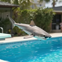 a shark wearing sunglasses diving from a diving board into a pool. photographic, photography