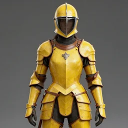 female adventurer in tight full - body canary yellow gambeson leather armor of italian design with diamond pattern and brown leather accents and a closed armet helmet with visor down, trending in artstation, establishing shot