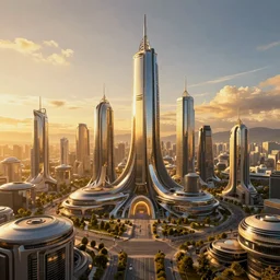 futuristic solarpunk utopian cityscape, 4 k - hd golden - hour panoramic photo