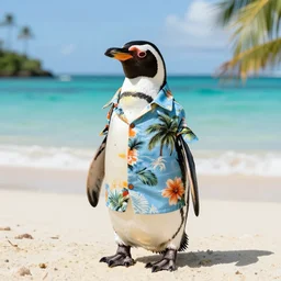 a photo of a penguin wearing a hawaiian shirt on a tropical beach