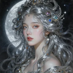 baroque neoclassicist closeup portrait of lee jin - eun as a beautiful moon goddess with stars in her flowing hair, reflective detailed textures, glittering multiversal ornaments, dark fantasy scifi painting by james jean, martine johanna, ross tran, conrad roset, takato yomamoto, dramatic lighting, gleaming silver and soft rich colors