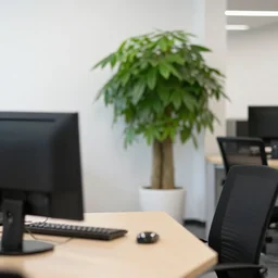photography of an office interior, a potted plant in the background