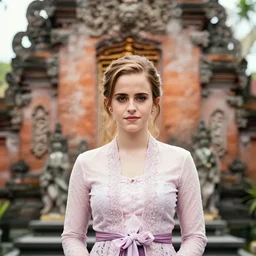 emma watson wearing kebaya bali in bali. temple background. front view. instagram holiday photo shoot, perfect faces, beautiful, lighting