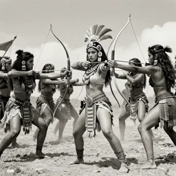 movie, beautiful distanced aztec warrior female tribes  attack  each other,bows and arrows, spears, epic, vintage, black and white, Boris vallejo, sepia, apocalypto