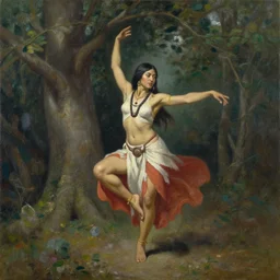 dancing female warrior shaman, under a tree, oil on canvas, by jeffrey catherine jones and winslow homer