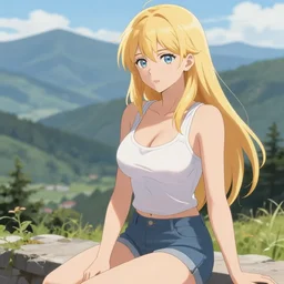 sexy girl with long blonde hair wearing a shorts and a low cut tanktop, sitting down, scenic view, mountain landscape, artstyle : high definition anime and ilya kuvshinov