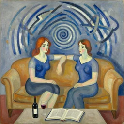 couple, sofa, wine, book, auburn hair, by robert delaunay endless rhythm