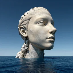 a giant sculpture on the surface of the ocean of a human head in space, hyper - realistic, very detailed, realistic water, ray tracing, 8 k resolution, long - shot, sharp focus, low angle, 8 5 mm photograph, wide lens