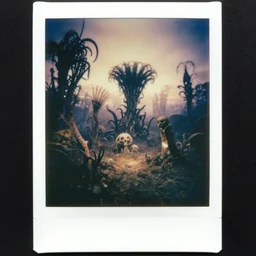 a strange, otherworldly landscape, with eerie, alien - looking plants and creatures. scary, grotesque, old photo, polaroid
