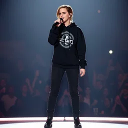 dlsr photography f/1.4 80mm bokeh full body Emma Watson singing on rap concert stage wearing designer hoodie as doja cat as cardi b wearing gold chain and sunglasses and gold hoop earrings by Todd Owyoung
