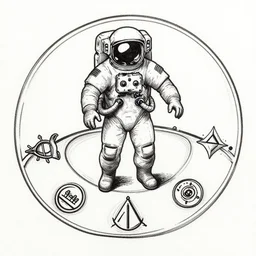 blackwork ink drawing of an astronaut in the middle of a ritual spell circle