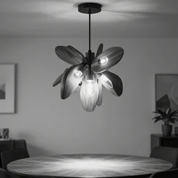old polaroid, black and white, pictorialism, a designer lamp for the living room, hanging from the ceiling, one meter above the table, made from pieces of wood and 3 led lights, intricate, organic design, elegant, hyperrealistic, 8 k