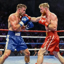 a beautiful painting of ksi fist - fighting jake paul in a boxing ring, rendered art, highly detailed painting by gaston bussiere, craig mullins, j. c. leyendecker 8 k, trending on artstation, art, fighting, watercolor