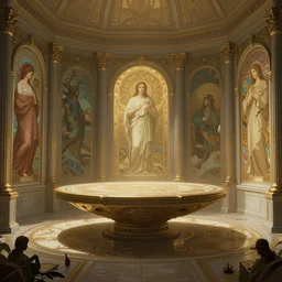 a religious scifi room with a floating platform in the center, symmetrical shot, center framing, elegant, cinematic shot, intricate digital painting artstation concept art smooth sharp focus illustration, art by artgerm and greg rutkowski and alphonse mucha