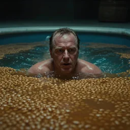 bob barker swimming in a pool of baked beans, realistic, moody grindhouse, dark