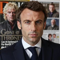 still of emmanuel macron as tywin lannister in game of thrones, cinematic light, sharp, detailed face, magazine, press, television, focus