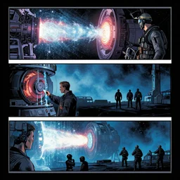 no border 3 panel graphic novel layout tokamak fusion reactor closeups engineers cryogenic tears of hyperspace loneliness futuristic silhouettes small unit tactics behind enemy lines littoral combat photorealistic michael komarck, greg rutkowski, victo ngai, artgerm, willem claesz heda and j. dickenson roger deakins john seale syd mead