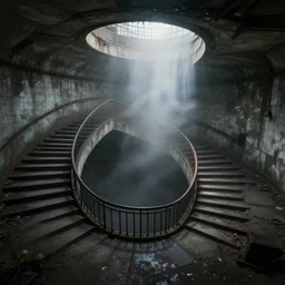 in an abandoned underground station, a spiral staircase leads down to the center of the earth, mist, tyndall effect, artstation. hyperdetailed, greg rutkowski, thomas kinkade