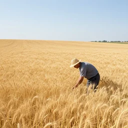 a beautiful view of a farmer working in wheat field and there is a beautiful jungle behind the field, professional photography