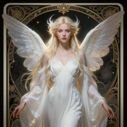 portrait of a ethereal magical young winged fairy princess wearing a white robe, d & d, fantasy, intricate, rim light, volumetric lighting, dark souls, elegant, highly detailed, digital painting, artstation, concept art, smooth, sharp focus, illustration, art by greg rutkowski, maxfield parrish and alphonse mucha, new art nouveau, tarot card