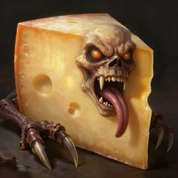 cheddar cheese block with long sharp teeth and claws, forked tongue, volumetric lights, intricate, intense detail, digital painting, artstation, concept art, soft focus, cinematic, illustration, ugly face, style of h. r. giger, 4 k