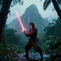 35mm film still jedi training with laser sword on an epic mountain, blade runner set in a rainy tropical forest, cool colors, moody, by Alex grey