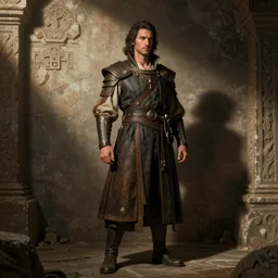master shadow and light composition, costume design from Lockheed and Martin designers, sophisticated composition, old masters light composition, procedurally generated, character posing for concept art, ancient ruins behind, substance designer, PBR, HD, Ultra detailed, hyperrealistic, megascans, volumetric light, concept by master artist, made in paint tool SAI2, trending pixiv face