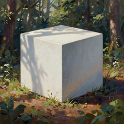 A bob ross painting of a white concrete cube sitting in a forest clearing, digital art