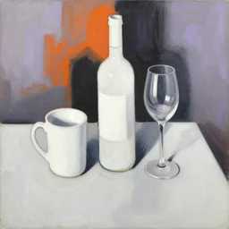 abstract oil painting on paper of a still life, with a white mug, white wine bottle, wine glass, on a table, white black orange and purple. in the style of john craxton, similar aesthetics to ivon hitchins