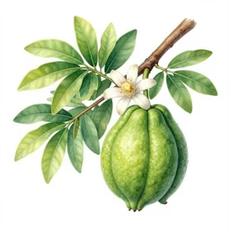botanical illustration of Buddha hand fruit, tree , flower, very detailled