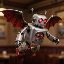 closeup profile face portrait of a flying tin toy robot with glowing red eyes and bat wings, nicoletta ceccoli, mark ryden, lostfish, max fleischer, depth of field, detailed and intricate london pub environment, 8 k resolution, hyperrealistic, octane render