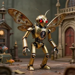 full - length portrait of a tin toy flying mothman demon robot with glowing red eyes, nicoletta ceccoli, mark ryden, lostfish, max fleischer, depth of field, detailed and intricate old london environment, 8 k resolution, hyperrealistic, octane render