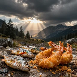fish discards alongside breaded scampi
