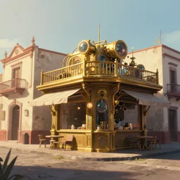 angled photo digital art illustration of a street in a clean minimalist blade runner traditional mexican small town, kiosko, disney, pixar, muted color palette, high quality digital painting by, simon besombes, kacper niepokolczycki, studio ghibli, shinny gold steampunk details, golden hour, muted colors, biomechanical, lens orbs, global illumination, lounge, architectural, volumetric lighting, blender, vray, masterpiece